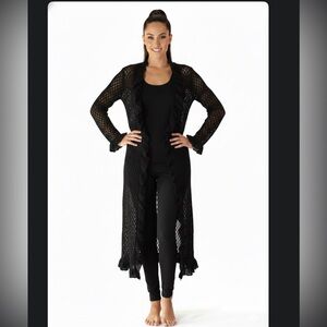LA CITY Y2k Black LONG Knit CROCHET Cardigan T2